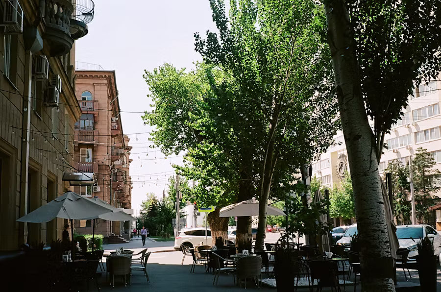 Walkable downtown street with sidewalk cafés and mature trees — Royal Oak energy